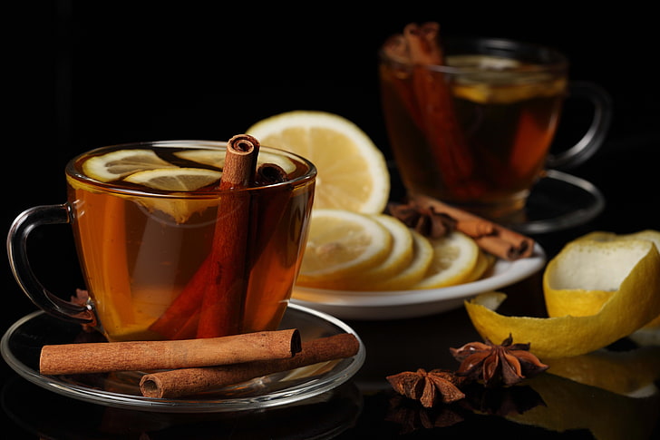 cinnamon, tea, cup, cinnamon, lemon, black background, HD wallpaper