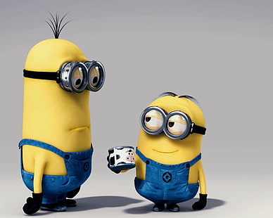two Despicable Me Minions digital wallpaper, minions, digital art, humor, simple background, blue, yellow, glasses, HD wallpaper HD wallpaper