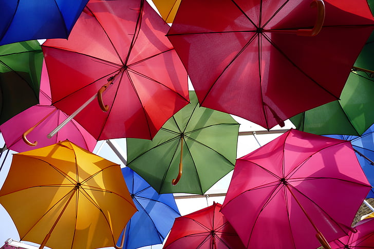 geöffnetes Regenschirmlos tagsüber, Regenschirme, bunt, Panasonic Lumix CM1, Vorrat, Probe, HD-Hintergrundbild