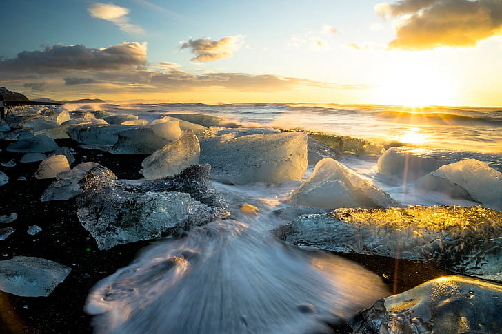 Natur, Sonnenlicht, Langzeitbelichtung, Eis, Strand, Meer, HD-Hintergrundbild