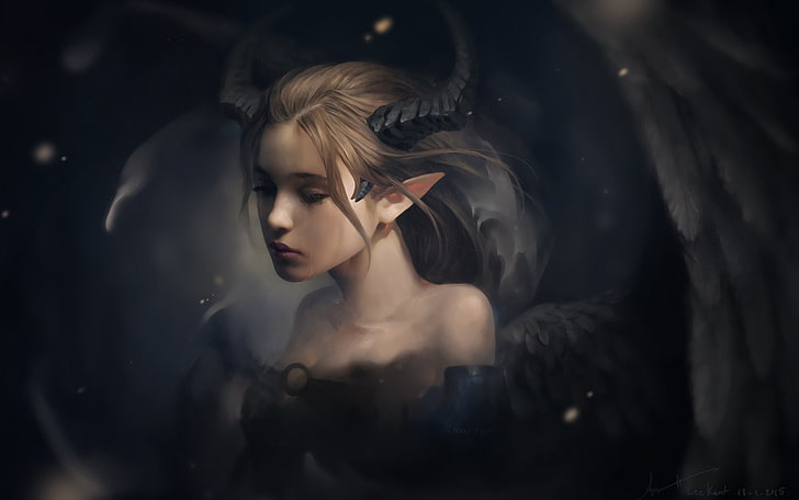 женщина с крыльями и рогами иллюстрация, рисунок, фэнтези арт, демон, демон девушки, грустный, крылья, рога, плач, HD обои
