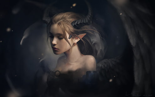 женщина с крыльями и рогами иллюстрация, рисунок, фэнтези арт, демон, демон девушки, грустный, крылья, рога, плач, HD обои HD wallpaper