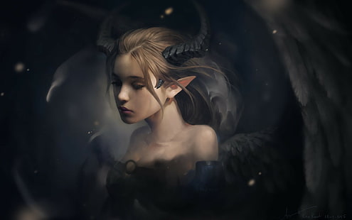 fantasy art, demon, crying, wings, demon girls, sad, horns, drawing, HD wallpaper HD wallpaper