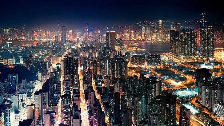 高層ビル、香港、中国、都市景観、街の明かり、都市、都市、夜、 HDデスクトップの壁紙