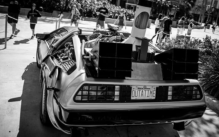 Back to the Future DeLorean DMC BW HD, cars, bw, the, to, future, back, dmc, delorean, HD wallpaper
