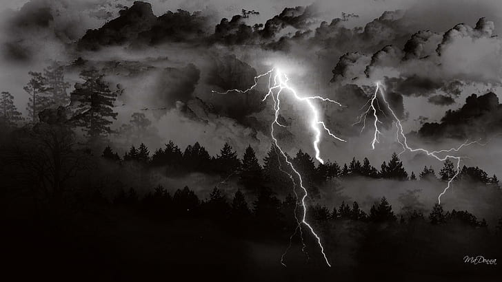 Badai Datang, pohon, hutan, kilat, badai, layar lebar, awan, gelap, 3d dan abstrak, Wallpaper HD