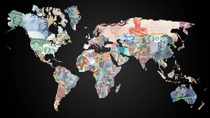 ilustracja mapy całego świata, mapa, pieniądze, waluta, świat, dolar, Tapety HD