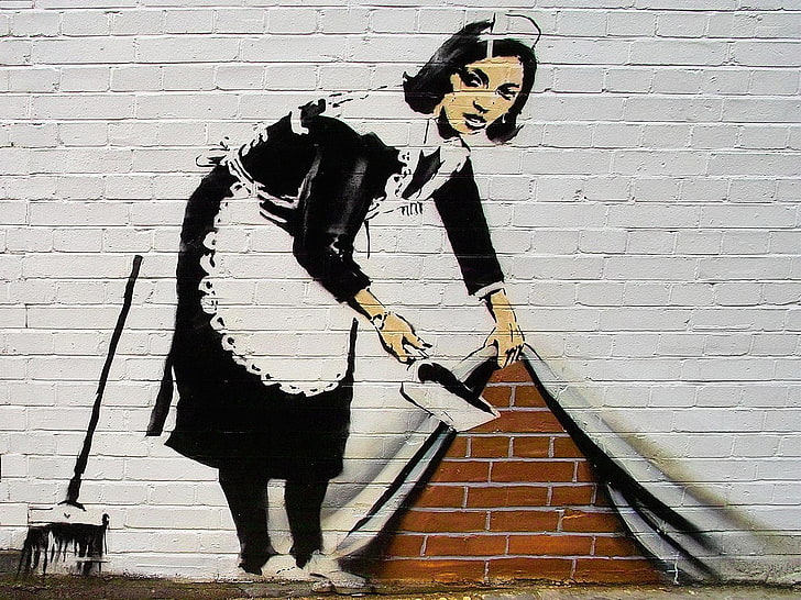 maid wall painting, graffiti, the maid, banksy, HD wallpaper