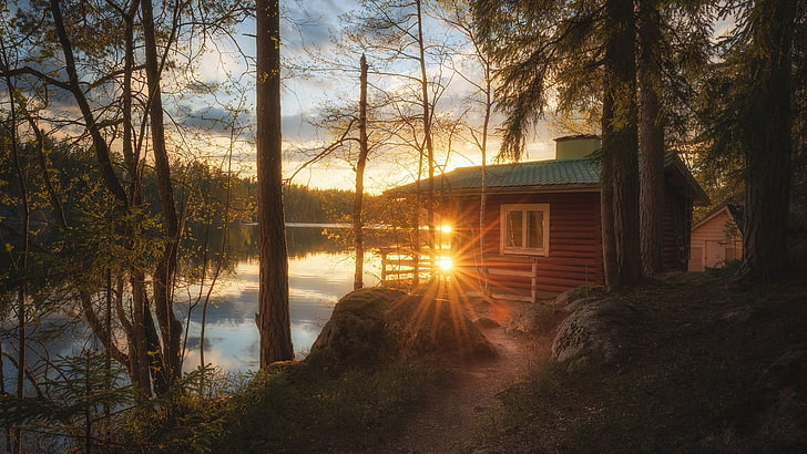 nature, lake, lakeside, cabin, log cabin, tree, morning, sunlight, dawn, sunbeam, house, HD wallpaper