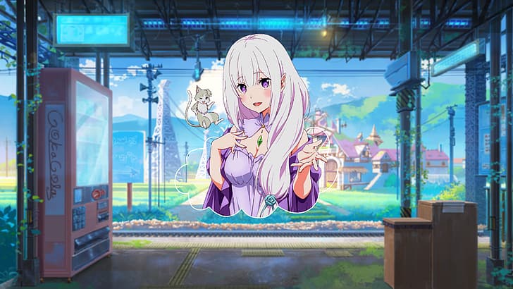 Emilia (Re: Zero), picture-in-picture, numérique, anime girls, Fond d'écran HD