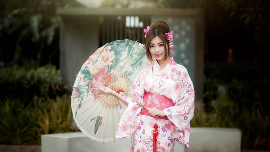 Güzel japon kız, kimono, şemsiye, kadın pembe çiçek baskı kimono ve kağıt şemsiye, Güzel, Japon, Kız, Kimono, Şemsiye, HD masaüstü duvar kağıdı HD wallpaper