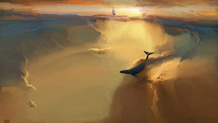 ilustrasi ikan, penerbangan, paus, kapal layar, awan, seni fantasi, Wallpaper HD