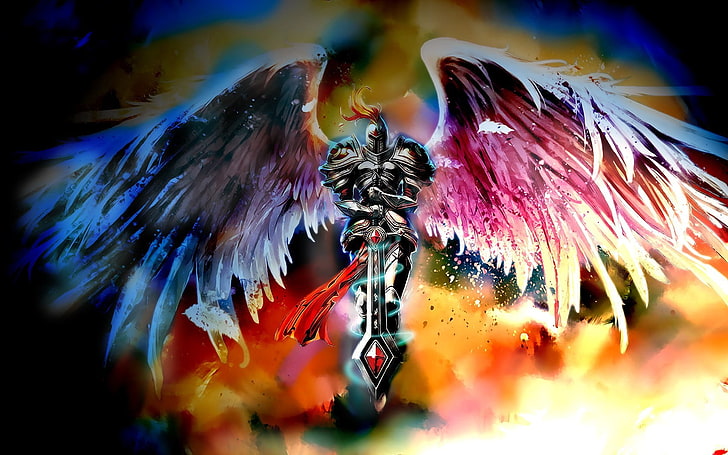 ангел, носещ рицарска броня, държащ меч цифров тапет, League of Legends, Kayle, HD тапет