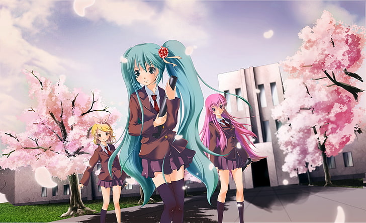 три девушки аниме персонажи, девушки, прогулка, весна, цветение, здание, HD обои