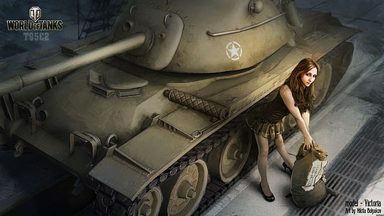 Fondo de pantalla de la aplicación de juego World of Tanks, niña, hangar, tanque, tanques, WoT, World of Tanks, Wargaming.Net, Patton, BigWorld, Nikita Bolyakov, Fondo de pantalla HD HD wallpaper