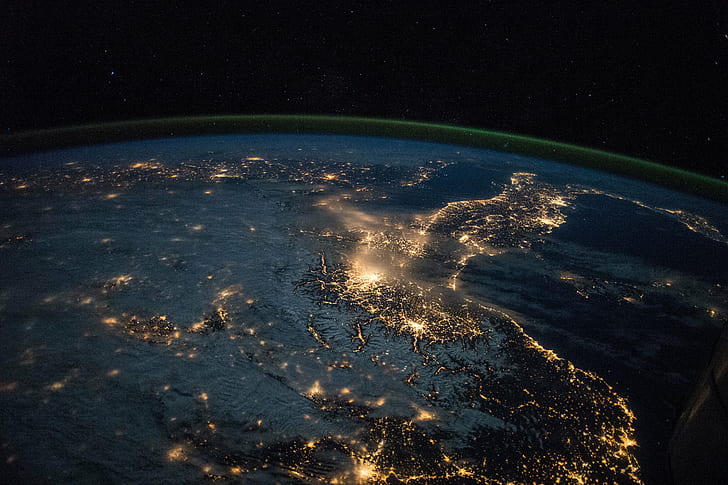 космическая фотография планеты Земля ночью, планеты - Космос, астрономия, ночь, космос, звезда - Космос, наука, синий, небо, земля, HD обои