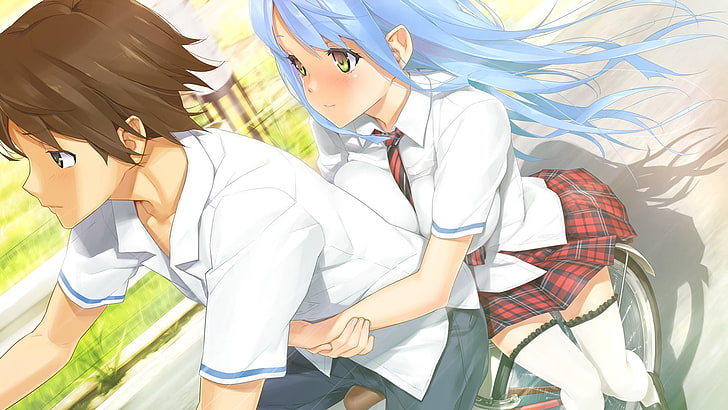 blue-haired female anime character illustration, girl, bike, game, anime, art, guy, bishoujo mangekyou, upscale, sawatari shizuku, happoubi jin, HD wallpaper