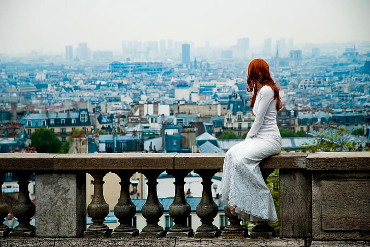 women, balcony, model, city, redhead, white dress, HD wallpaper