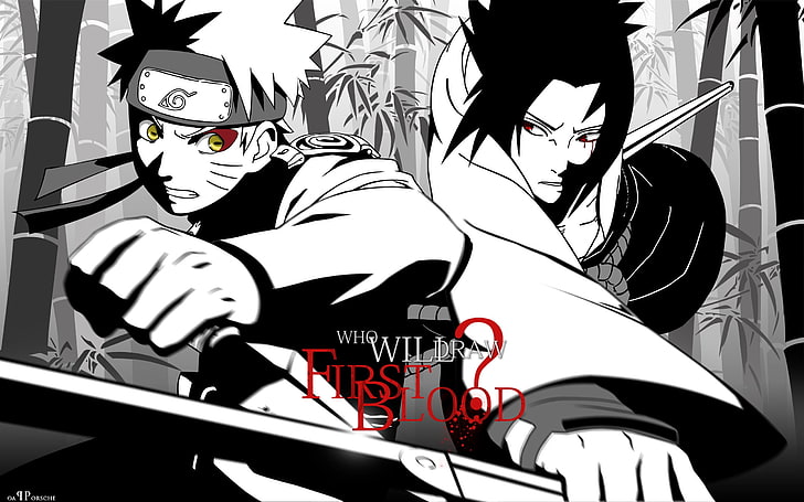 Naruto illustration, anime, naruto vs sasuke, killar, hållning, strid, HD tapet