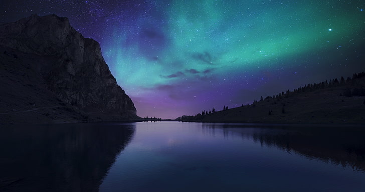 blue body of water, aurora borealis above the body of water beside the mountain, stars, sky, landscape, Switzerland, lake, cyan, calm waters, violet, reflection, night, HD wallpaper