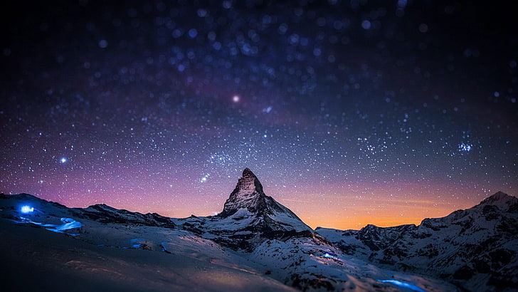stjärnhimmel, natthimmel, stjärnor, materiahorn, alperna, berg, schweiziska alperna, zermatt, schweiz, stjärnklar natt, bergskedja, bergslandskap, HD tapet