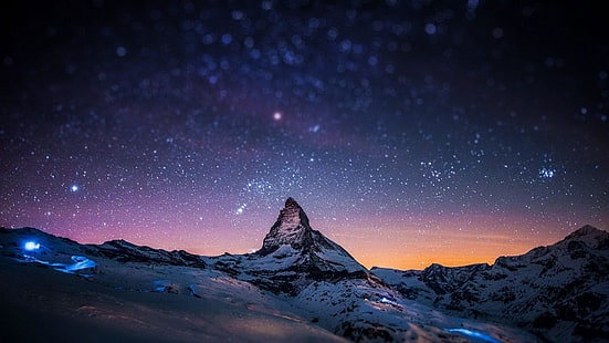 estrelado, céu noturno, estrelas, matterhorn, alpes, montanha, alpes suíços, zermatt, suíça, noite estrelada, cadeia de montanhas, cenário de montagem, HD papel de parede HD wallpaper