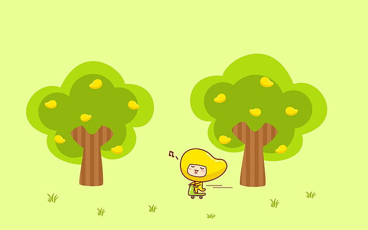 Singing under mango trees, yellow haired cartoon character standing between two tall trees, vector, 1920x1200, tree, scooter, child, mango, HD wallpaper