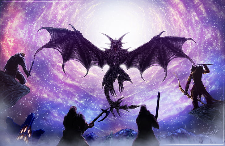 дракон, рисунок, фиолетовый, воин, HD обои