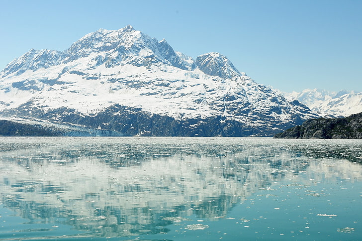 заснеженные горы у реки, обои, Аляска, лед, HD обои