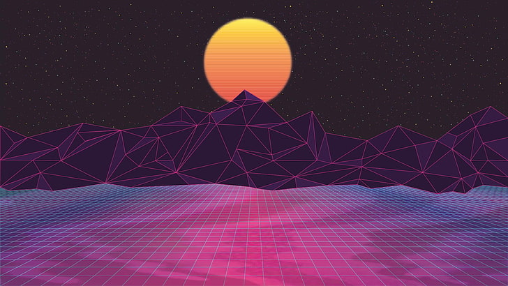 ilustrasi gunung 3D, microwave, Retrowave, seni digital, ungu, latar belakang gelap, merah muda, poli rendah, malam, gelombang uap, latar belakang ungu, Wallpaper HD