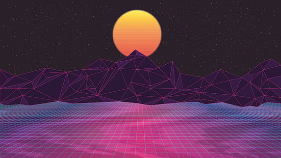 Ilustración 3D de montaña, retrowave, Retrowave, arte digital, púrpura, fondo oscuro, rosa, bajo poli, noche, onda de vapor, fondo púrpura, Fondo de pantalla HD HD wallpaper