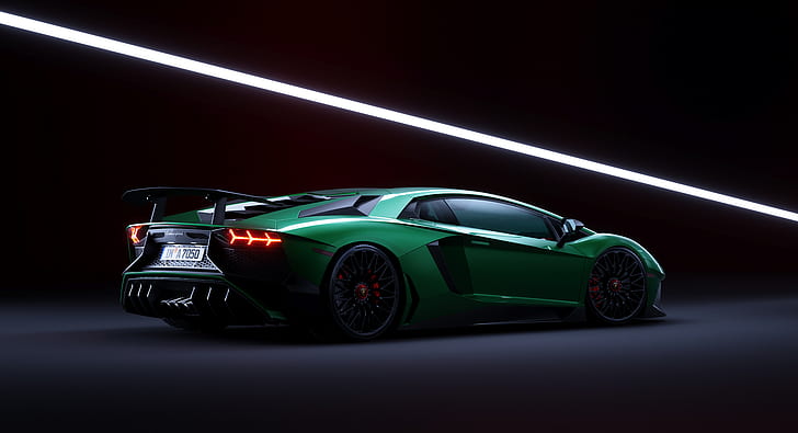 Lamborghini, Lamborghini Aventador SV, car, luxury cars, green cars, dark, CGI, digital art, artwork, vehicle, neon, dark background, perspective, HD wallpaper