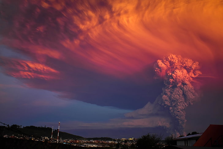 Ash, Calbuco Volcano, Chile, clouds, Eruptions, heat, Huge, landscape, nature, Puerto Montt, smoke, sunset, Toxic, volcano, world, HD wallpaper