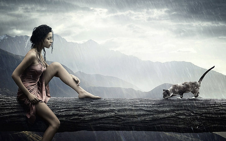 Kadın pembe mini elbise, yağmur, kadın, kedi, model, hayvanlar, HD masaüstü duvar kağıdı