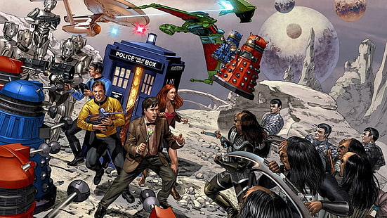 Доктор Кто, Звездный путь, кроссовер, Звездный путь, иллюстрация, смешной, 1920x1080, Звездный путь, доктор, который, HD обои HD wallpaper