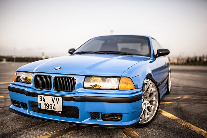 blue BMW E36 M3 coupe, Road, BMW, Blue, Red, oldschool, 3 series, E36, Stance, HD wallpaper