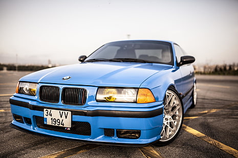 blå BMW E36 M3 coupe, Road, BMW, Blue, Red, oldschool, 3 series, E36, Stance, HD tapet HD wallpaper