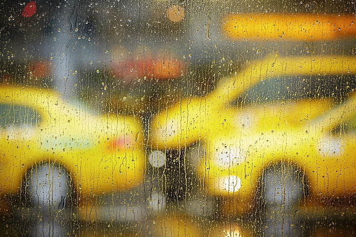 photography of vehicles, road, glass, drops, machine, the city, rain, window, taxi, bokeh, HD wallpaper