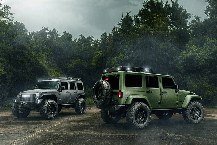 verde Jeep Wrangler, automobili, verde, nero, pioggia, Wrangler, jeep, fuoristrada, Sfondo HD