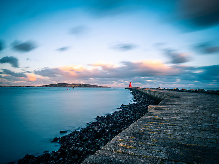 пирс, маяк, море, побережье, дублин, Ирландия, HD обои