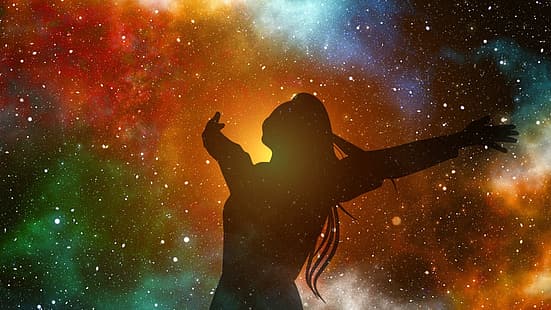 stelle, gioia, silhouette, fantasy art, conoscenza, миллиарды звезд, необъятный космос, vasto spazio, miliardi di stelle, Sfondo HD HD wallpaper