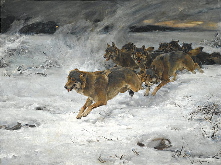 Alfred Kowalski, artwork, Classic Art, Polish, Wierusz, wolf, HD wallpaper