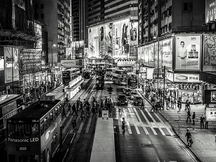 gråskalefotografering av stadsbyggnader, stad, natt, Hong Kong, stadsbild, svartvitt, HD tapet