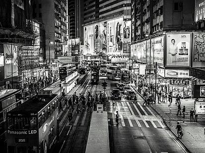 fotografia w skali szarości budynków miejskich, miasto, noc, Hongkong, pejzaż miejski, monochromatyczne, Tapety HD HD wallpaper