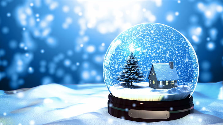 hiver, bleu, neige, ciel, globe, sphère, monde, boule à neige, verre de boule de neige, neige, maison, noël, jour de Noël, Fond d'écran HD