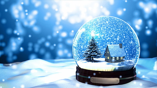 зима, синий, снегопад, снег, небо, глобус, сфера, мир, снежный шар, стекло снежного кома, снег, дом, рождество, рождество, HD обои HD wallpaper