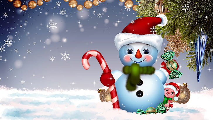 xmas, snowman, christmas, snowflakes, illustration, winter season, HD wallpaper