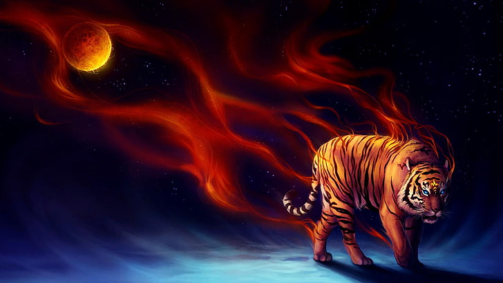 power, tiger, fire, flame, sun, fantasy, HD wallpaper