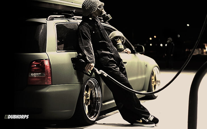 men's black zip-up jacket, Audi A4, Stance, gas masks, humor, Audi, car, vehicle, dubkorps, HD wallpaper
