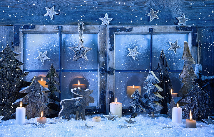 dekorasi, bintang, Tahun baru, lilin, pohon cemara, salju, Natal, Wallpaper HD